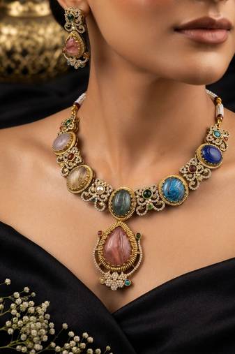 Multi color sabyasachi inspired ad & russian stone necklace set elegant fashion appeal
