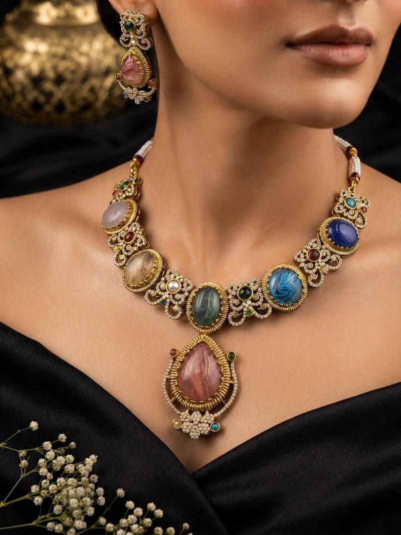Multi color sabyasachi inspired ad & russian stone necklace set elegant fashion appeal