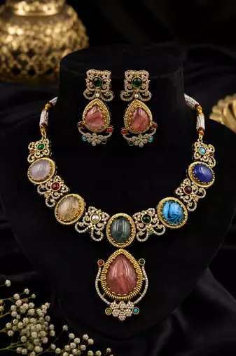 Multi color sabyasachi inspired ad & russian stone necklace set elegant fashion appeal