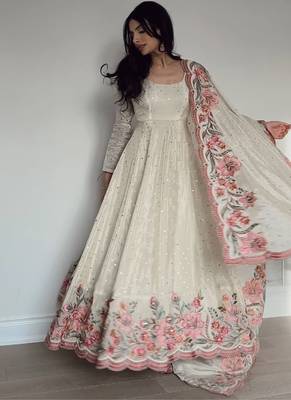 Off white embroidery silk blend  full stitched anarkali suit 1