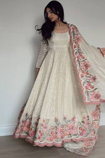 Off white embroidery silk blend  full stitched anarkali suit