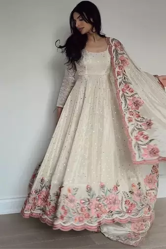 Off white embroidery silk blend  full stitched anarkali suit