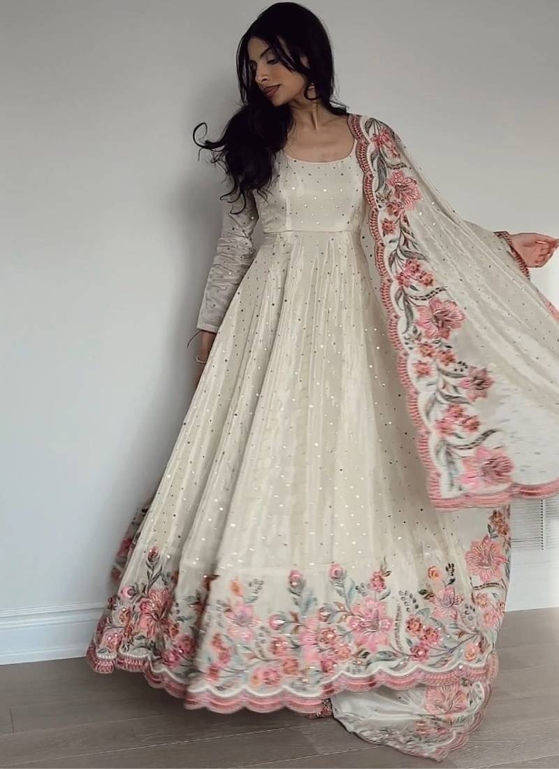 Off white embroidery silk blend  full stitched anarkali suit