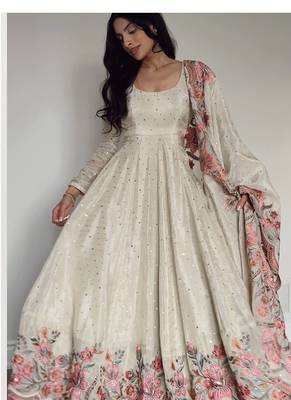 Off white embroidery silk blend  full stitched anarkali suit 2