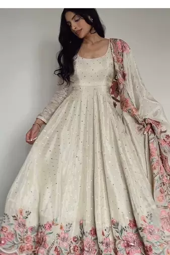 Off white embroidery silk blend  full stitched anarkali suit