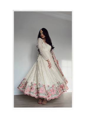 Off white embroidery silk blend  full stitched anarkali suit 4