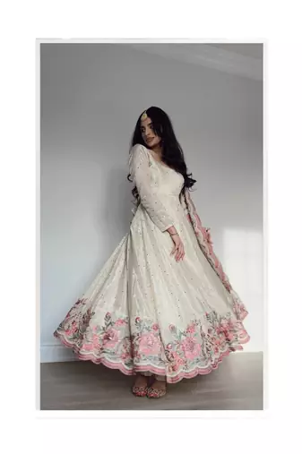 Off white embroidery silk blend  full stitched anarkali suit
