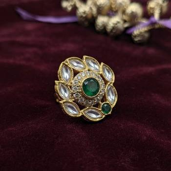 Green color kundan ring with royal handmade traditional jewelry design 1