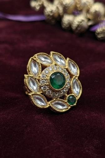 Green color kundan ring with royal handmade traditional jewelry design