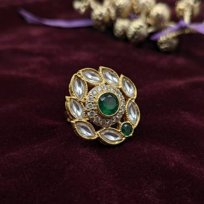 Green color kundan ring with royal handmade traditional jewelry design