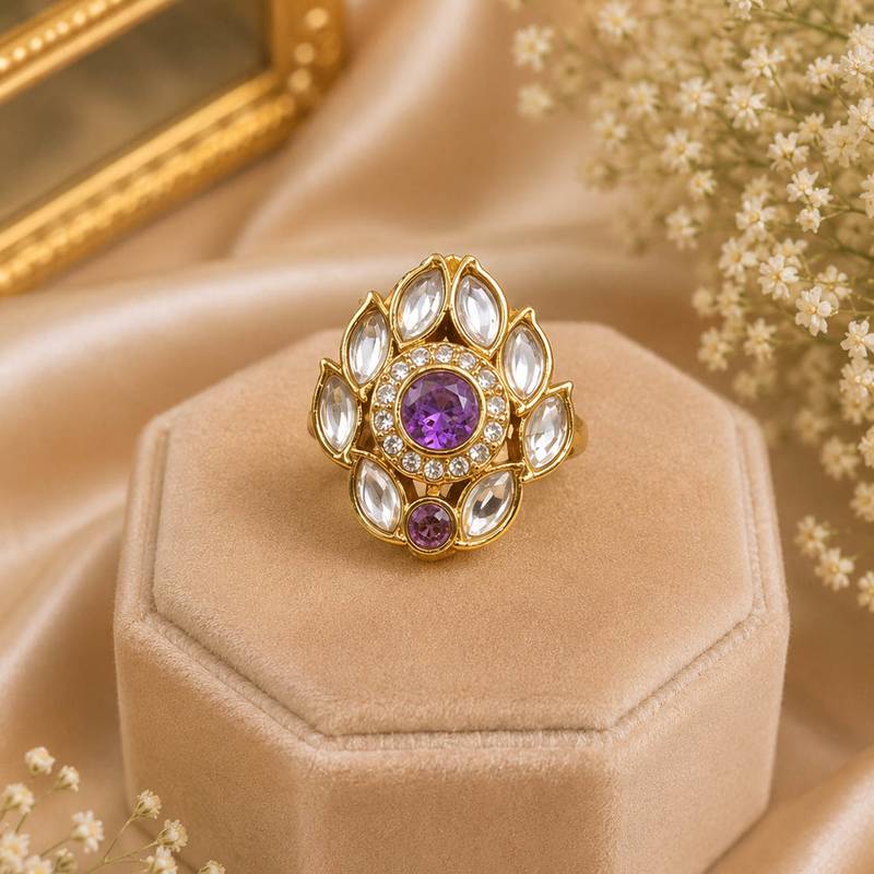Purple color kundan ring featuring stylish ethnic designer fashion appeal