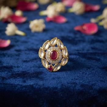 Red color kundan ring featuring beautiful festive fashion jewelry appeal 1