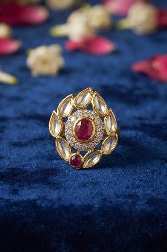 Red color kundan ring featuring beautiful festive fashion jewelry appeal