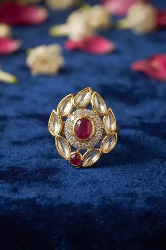 Red color kundan ring featuring beautiful festive fashion jewelry appeal