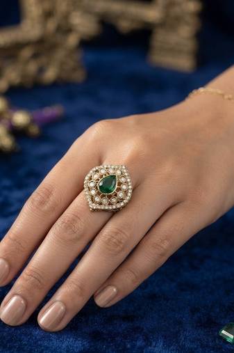 Green color kundan ring with elegant handmade ethnic jewelry appeal
