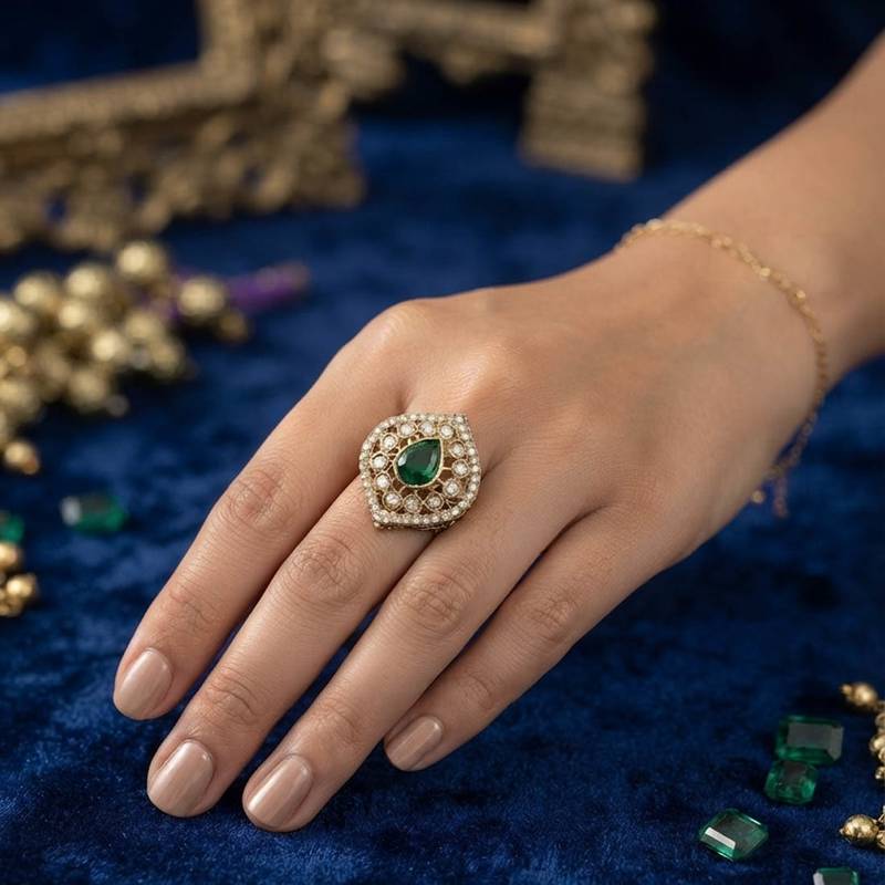 Green color kundan ring with elegant handmade ethnic jewelry appeal