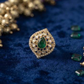 Green color kundan ring with elegant handmade ethnic jewelry appeal 2