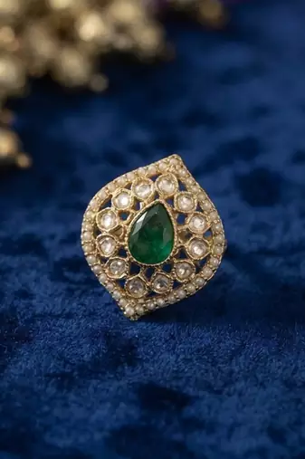 Green color kundan ring with elegant handmade ethnic jewelry appeal