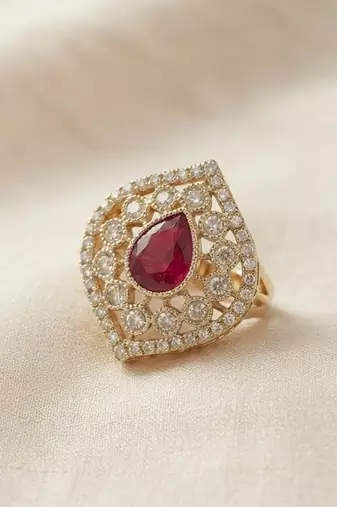 Red color kundan ring featuring graceful festive jewelry fashion style