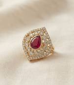 Red color kundan ring featuring graceful festive jewelry fashion style