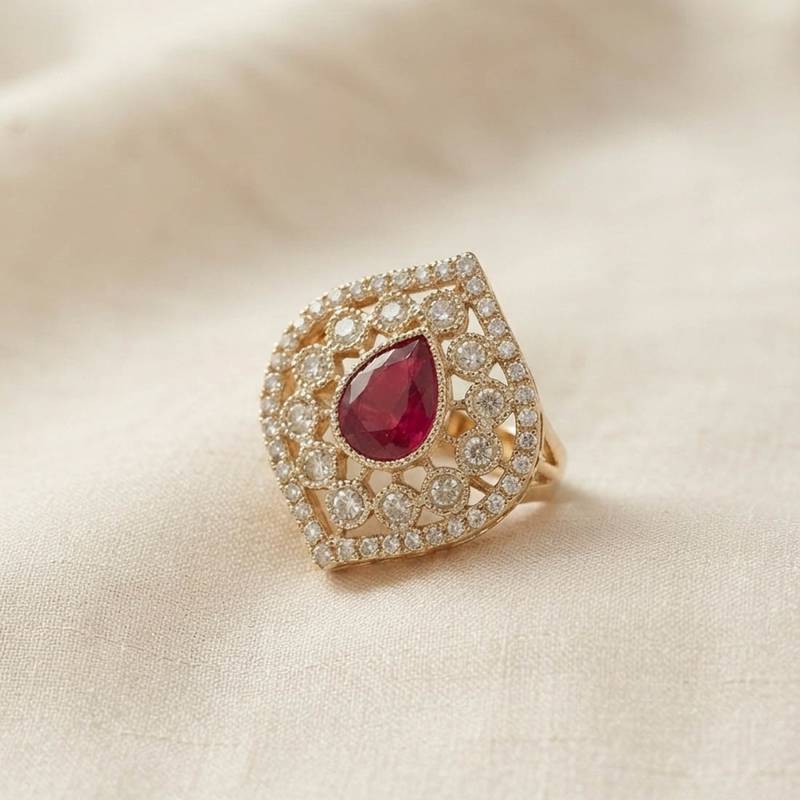 Red color kundan ring featuring graceful festive jewelry fashion style