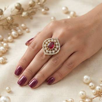 Red color kundan ring featuring graceful festive jewelry fashion style 2