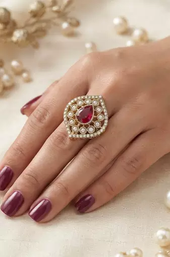 Red color kundan ring featuring graceful festive jewelry fashion style
