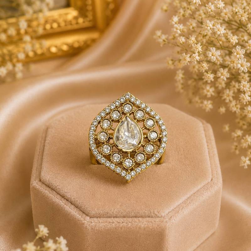 White color kundan ring crafted with premium traditional designer finish