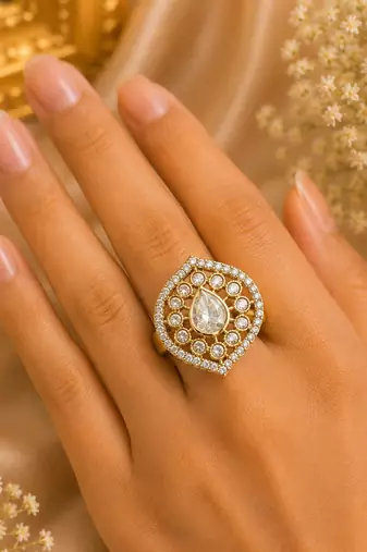 White color kundan ring crafted with premium traditional designer finish