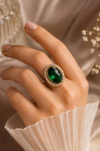 Green color kundan ring featuring premium festive designer appeal