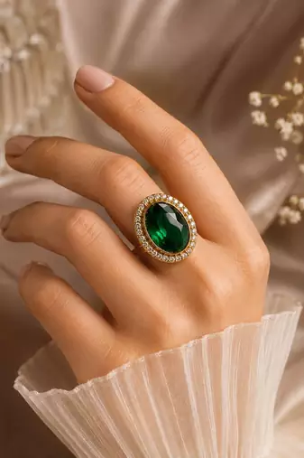 Green color kundan ring featuring premium festive designer appeal