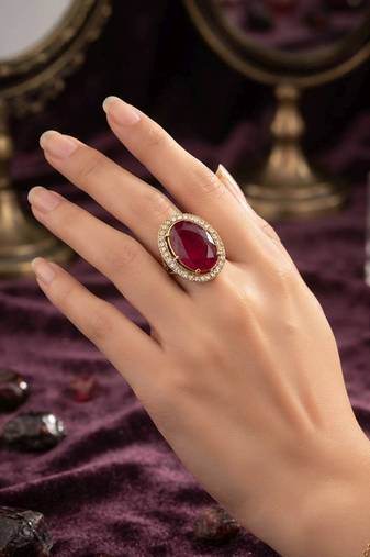 Red color kundan ring with elegant traditional fashion jewelry style