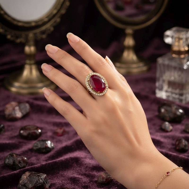 Red color kundan ring with elegant traditional fashion jewelry style