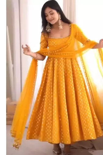 Yellow jeqauaed chanderi silk full stitched anarkali suit