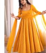 Yellow jeqauaed chanderi silk full stitched anarkali suit