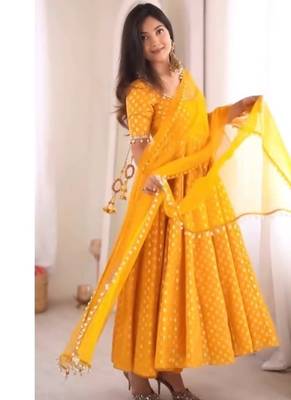 Yellow jeqauaed chanderi silk full stitched anarkali suit 2