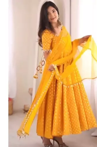 Yellow jeqauaed chanderi silk full stitched anarkali suit