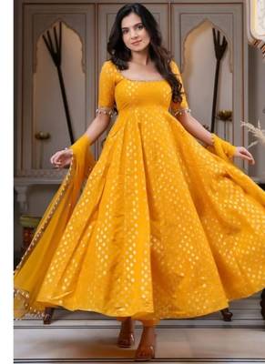 Yellow jeqauaed chanderi silk full stitched anarkali suit 3