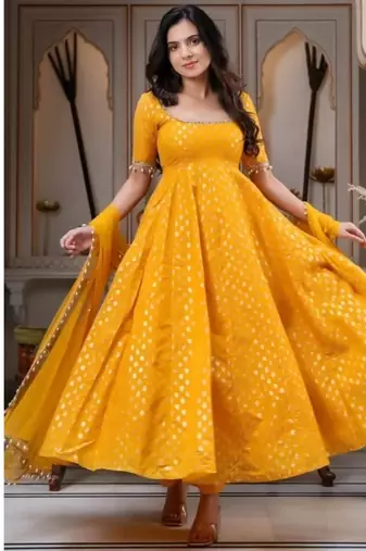 Yellow jeqauaed chanderi silk full stitched anarkali suit