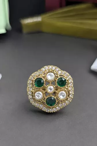 Green color kundan ring with elegant designer fashion appeal