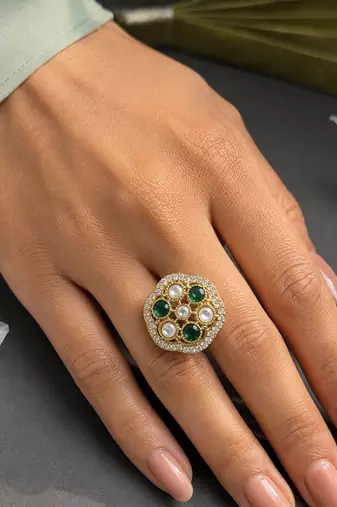 Green color kundan ring with elegant designer fashion appeal