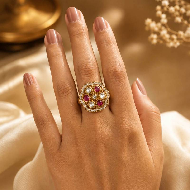 Purple color kundan ring featuring premium handmade traditional style