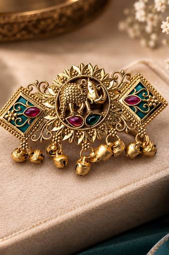 Green & rani color matte gold plated kashmiri ring with traditional designer appeal