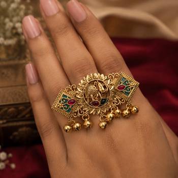 Green & rani color matte gold plated kashmiri ring with traditional designer appeal 2
