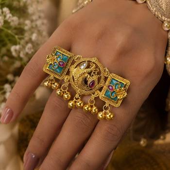 Green & rani color matte gold plated kashmiri ring featuring elegant ethnic style 2