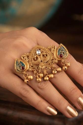Green & maroon color matte gold plated kashmiri ring with royal handmade finish