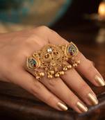 Green & maroon color matte gold plated kashmiri ring with royal handmade finish