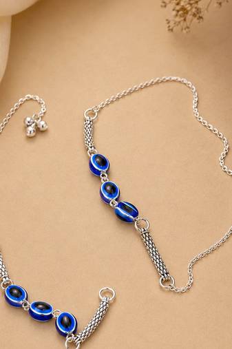 Blue & black color oxidised anklet with artistic floral motifs and elegant traditional ethnic appeal