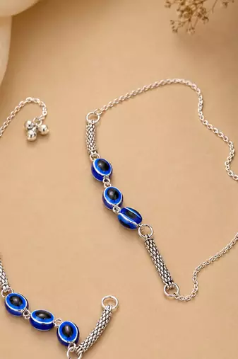 Blue & black color oxidised anklet with artistic floral motifs and elegant traditional ethnic appeal
