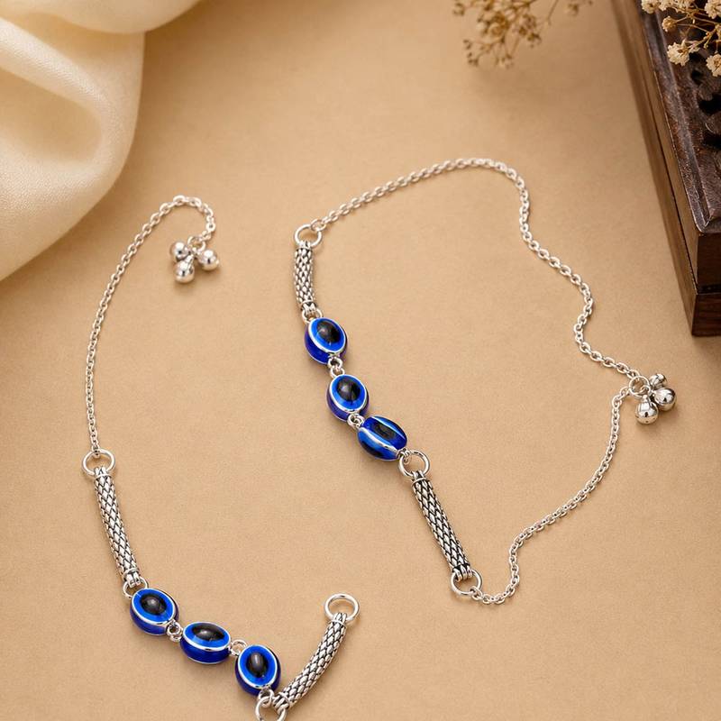 Blue & black color oxidised anklet with artistic floral motifs and elegant traditional ethnic appeal